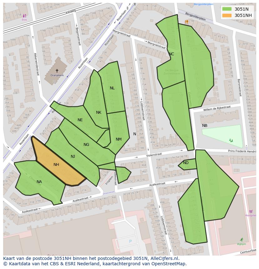 Afbeelding van het postcodegebied 3051 NH op de kaart.