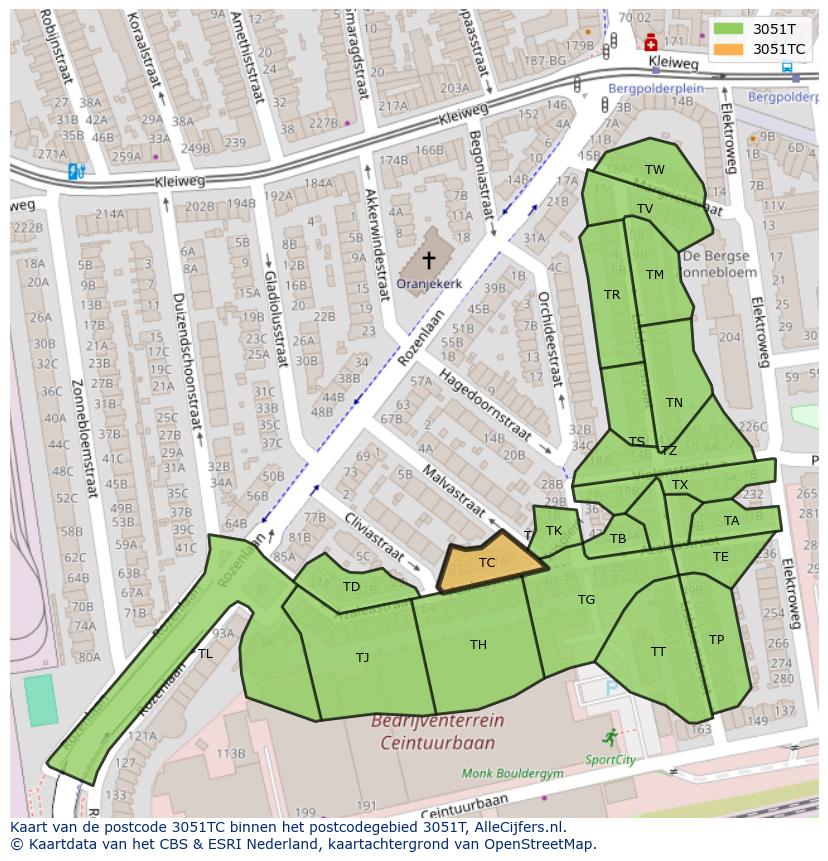 Afbeelding van het postcodegebied 3051 TC op de kaart.