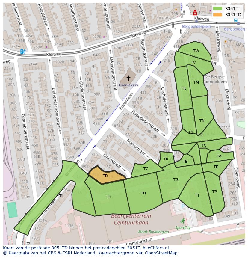 Afbeelding van het postcodegebied 3051 TD op de kaart.