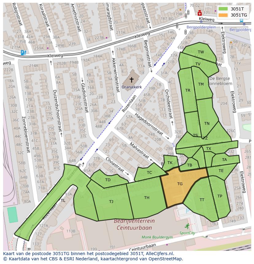 Afbeelding van het postcodegebied 3051 TG op de kaart.