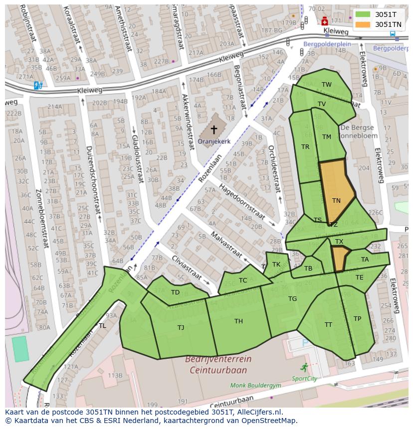 Afbeelding van het postcodegebied 3051 TN op de kaart.