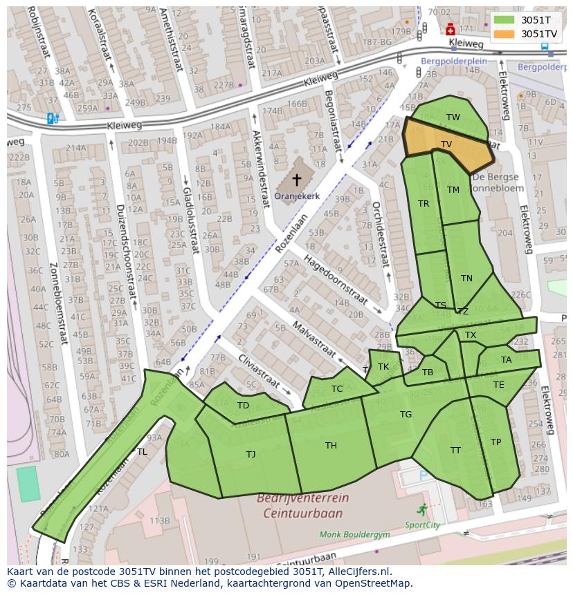 Afbeelding van het postcodegebied 3051 TV op de kaart.