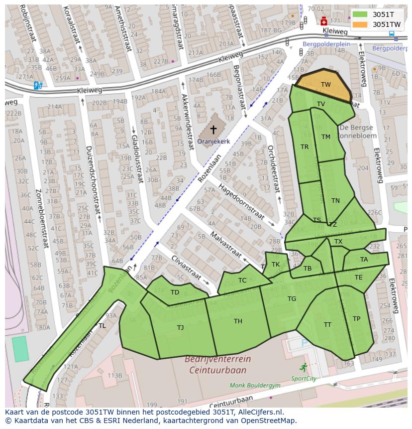 Afbeelding van het postcodegebied 3051 TW op de kaart.