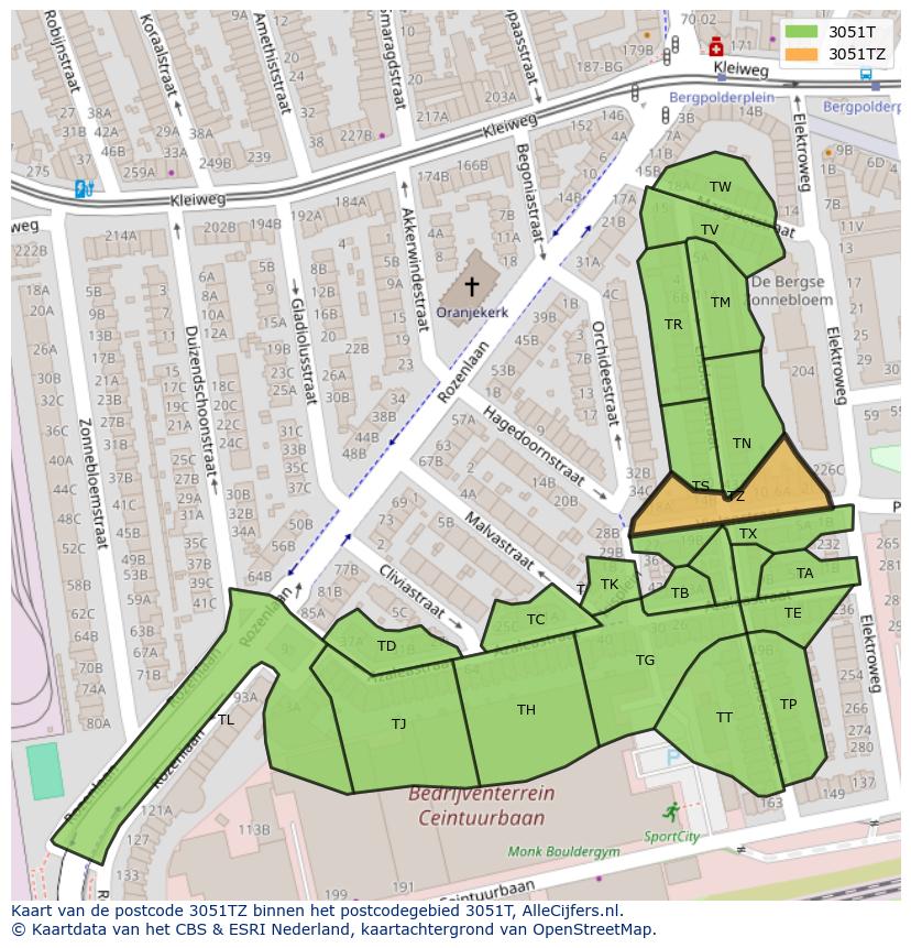 Afbeelding van het postcodegebied 3051 TZ op de kaart.