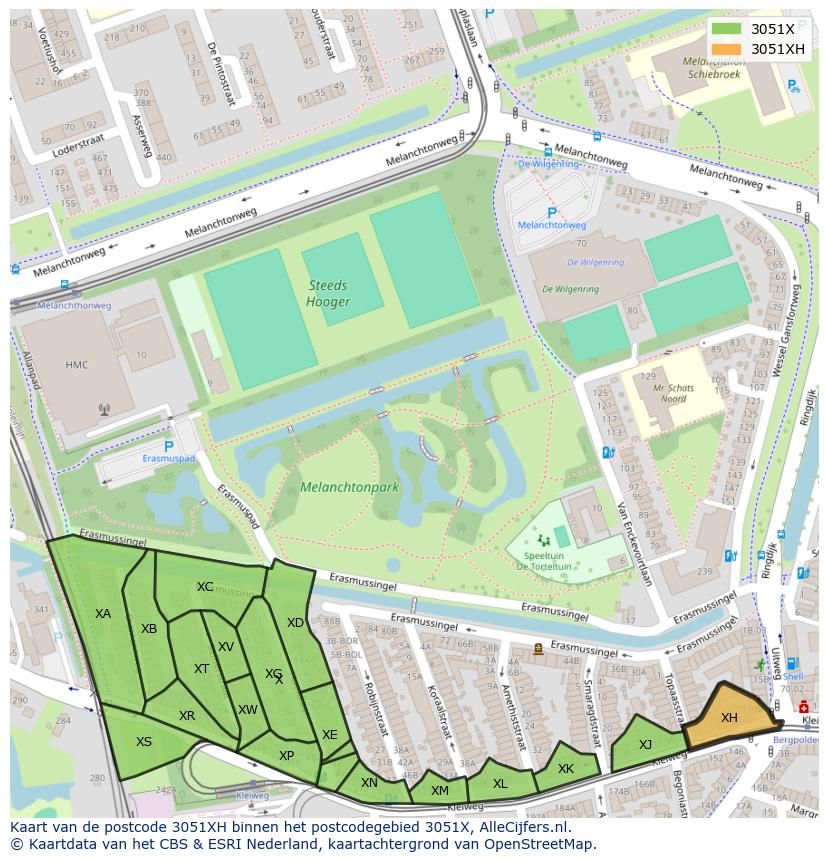 Afbeelding van het postcodegebied 3051 XH op de kaart.