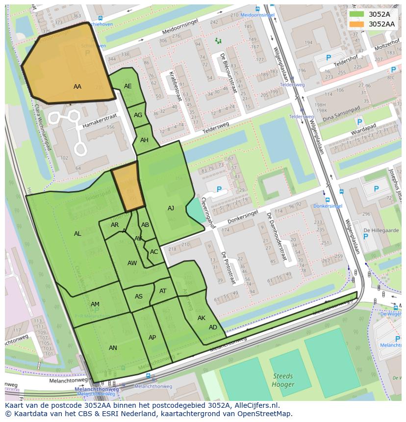 Afbeelding van het postcodegebied 3052 AA op de kaart.