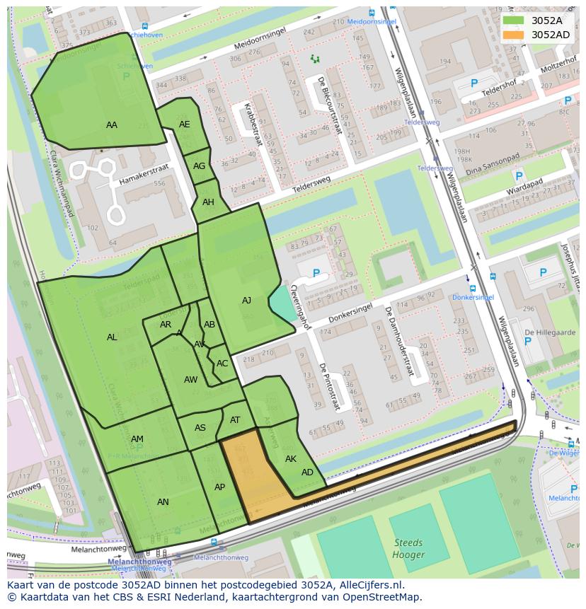 Afbeelding van het postcodegebied 3052 AD op de kaart.
