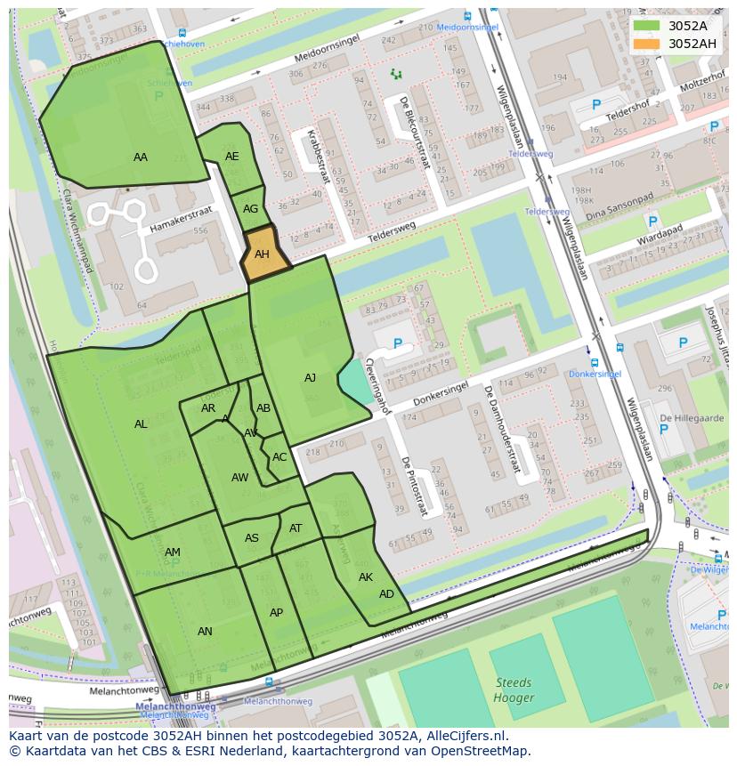 Afbeelding van het postcodegebied 3052 AH op de kaart.