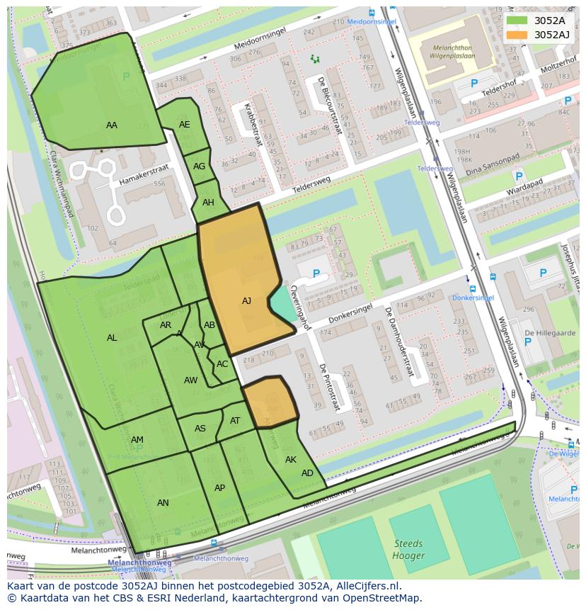 Afbeelding van het postcodegebied 3052 AJ op de kaart.