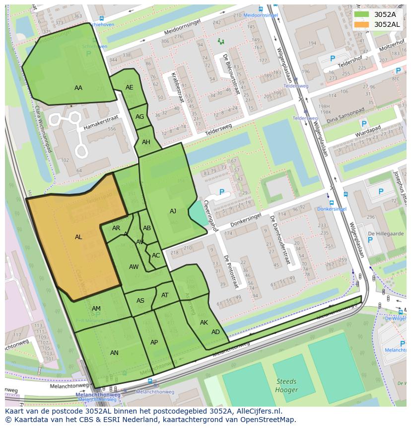Afbeelding van het postcodegebied 3052 AL op de kaart.