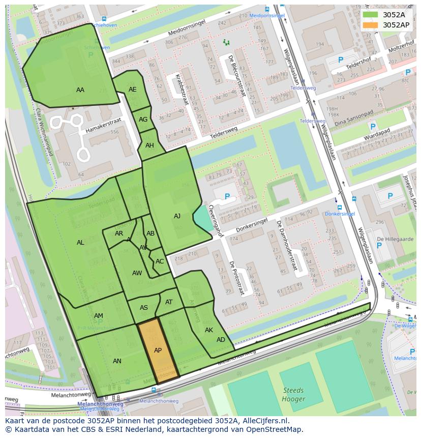 Afbeelding van het postcodegebied 3052 AP op de kaart.