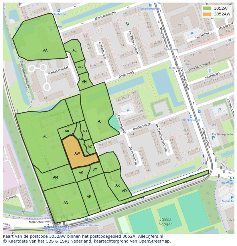 Afbeelding van het postcodegebied 3052 AW op de kaart.