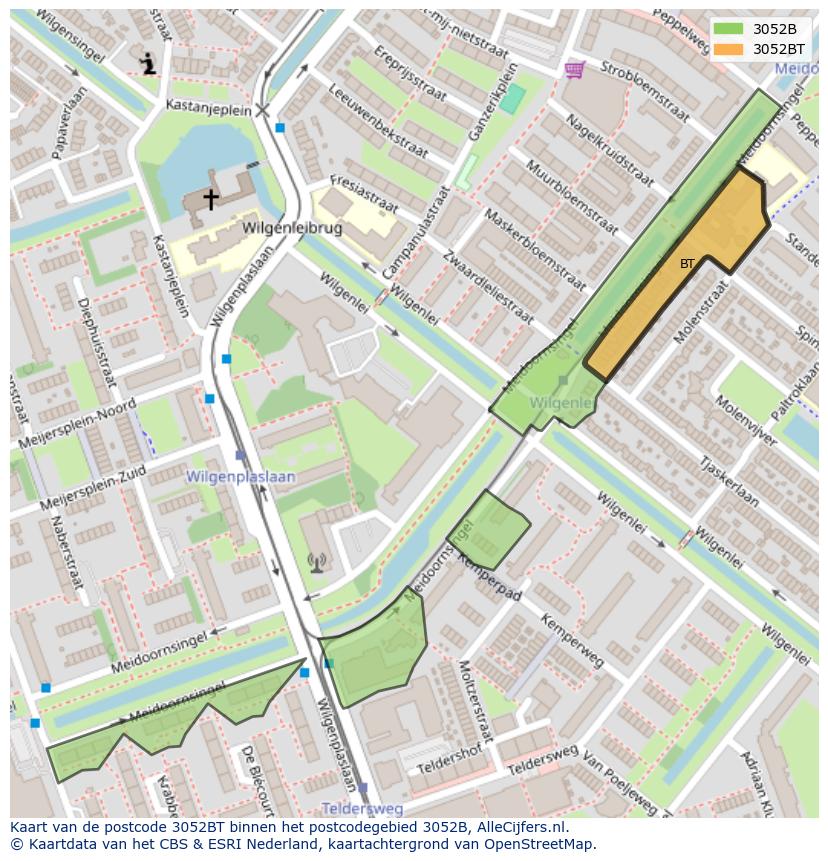 Afbeelding van het postcodegebied 3052 BT op de kaart.