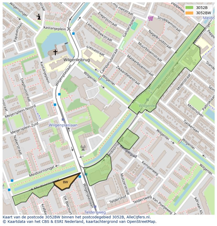 Afbeelding van het postcodegebied 3052 BW op de kaart.