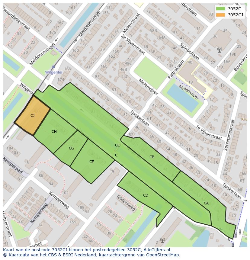Afbeelding van het postcodegebied 3052 CJ op de kaart.