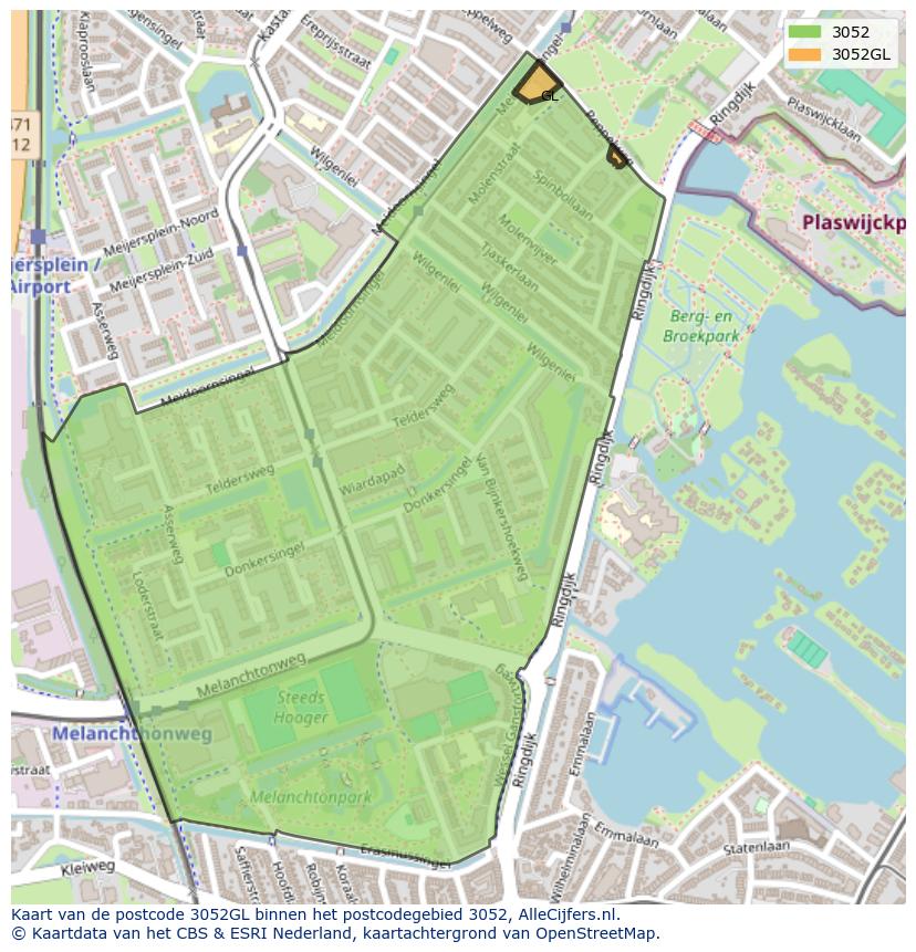 Afbeelding van het postcodegebied 3052 GL op de kaart.