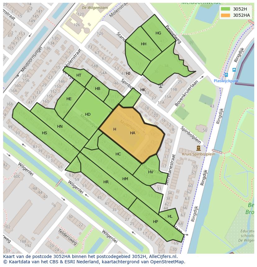 Afbeelding van het postcodegebied 3052 HA op de kaart.