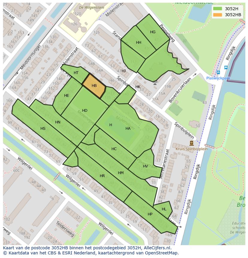 Afbeelding van het postcodegebied 3052 HB op de kaart.