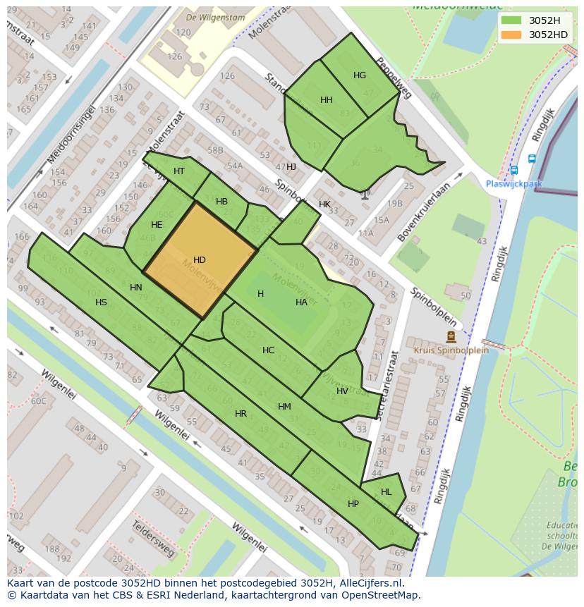 Afbeelding van het postcodegebied 3052 HD op de kaart.