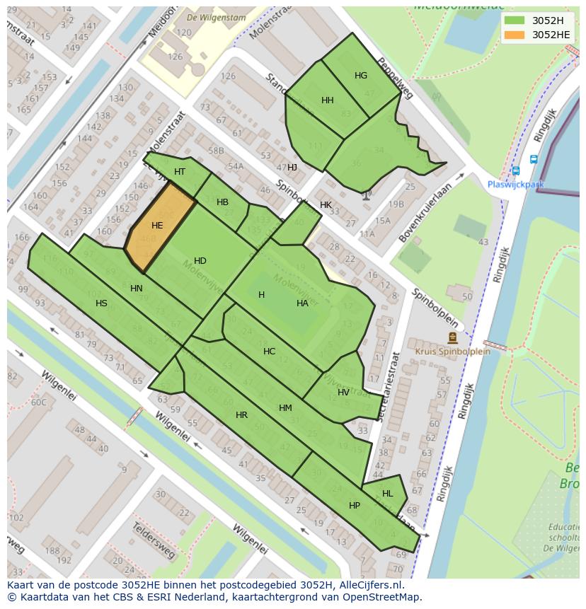 Afbeelding van het postcodegebied 3052 HE op de kaart.