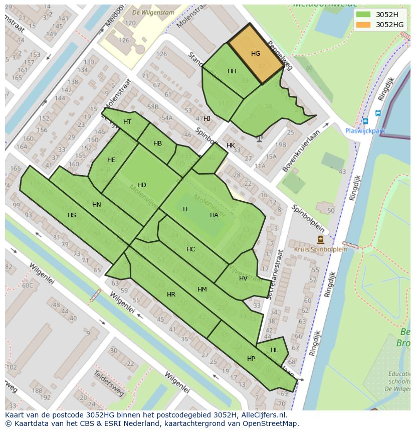 Afbeelding van het postcodegebied 3052 HG op de kaart.