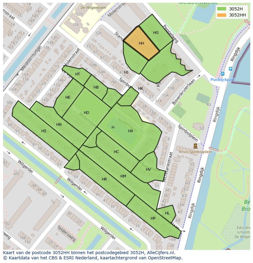 Afbeelding van het postcodegebied 3052 HH op de kaart.