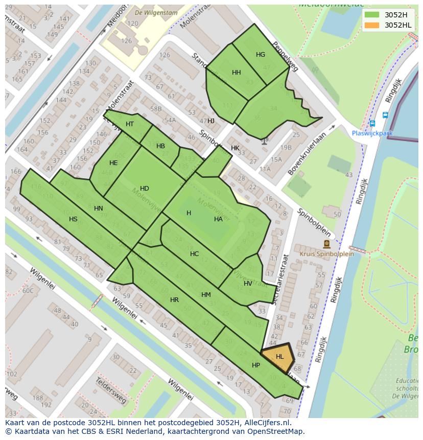Afbeelding van het postcodegebied 3052 HL op de kaart.