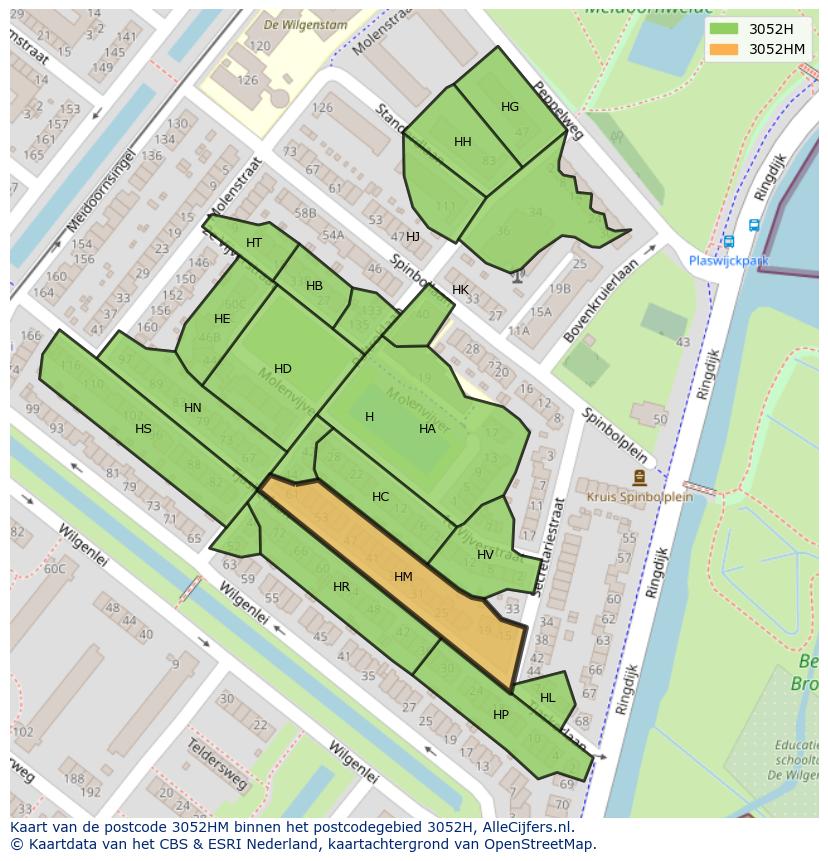 Afbeelding van het postcodegebied 3052 HM op de kaart.