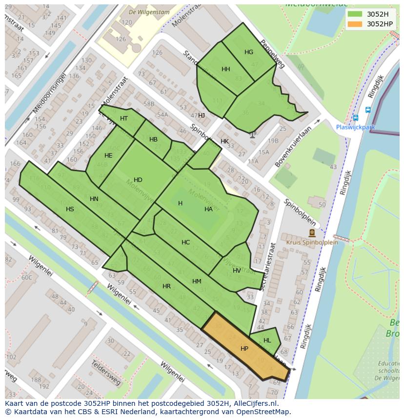 Afbeelding van het postcodegebied 3052 HP op de kaart.