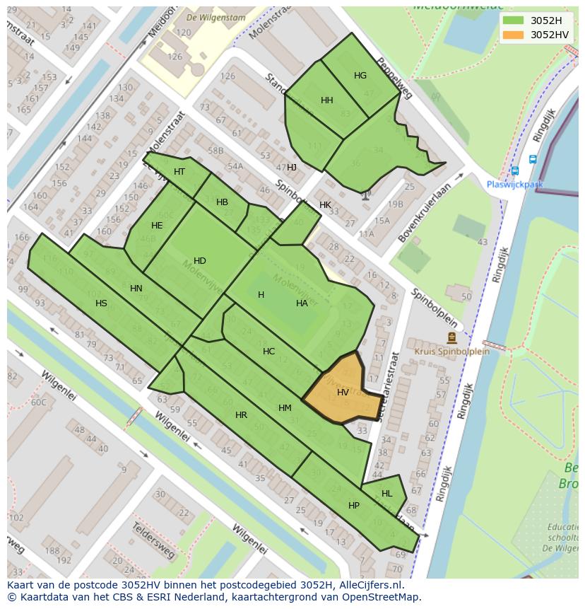 Afbeelding van het postcodegebied 3052 HV op de kaart.
