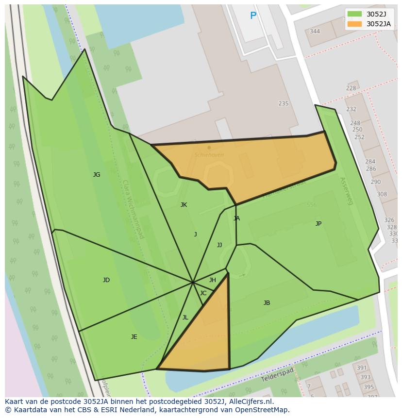 Afbeelding van het postcodegebied 3052 JA op de kaart.