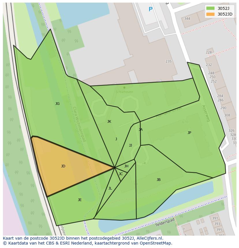 Afbeelding van het postcodegebied 3052 JD op de kaart.