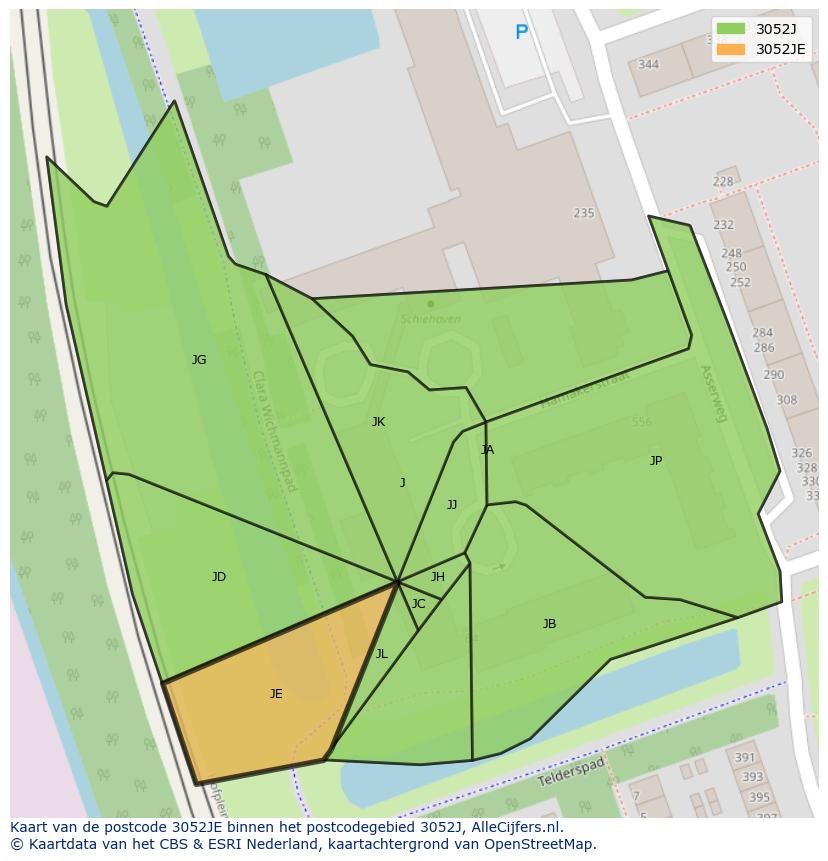 Afbeelding van het postcodegebied 3052 JE op de kaart.