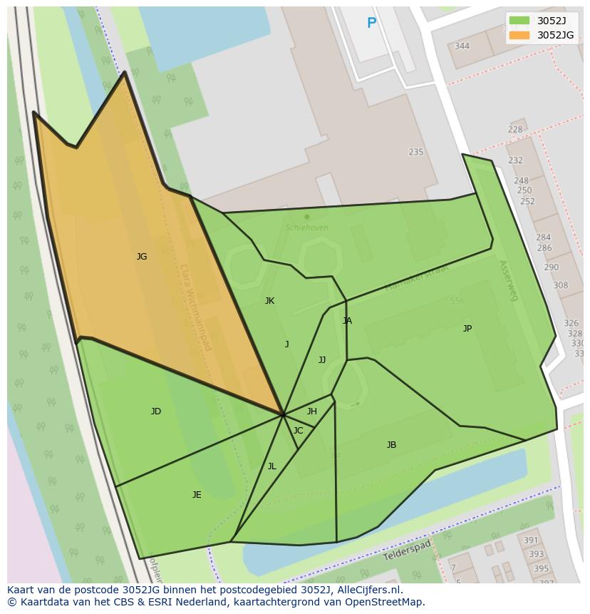 Afbeelding van het postcodegebied 3052 JG op de kaart.