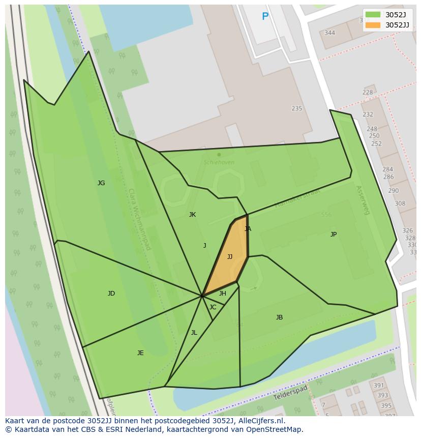 Afbeelding van het postcodegebied 3052 JJ op de kaart.