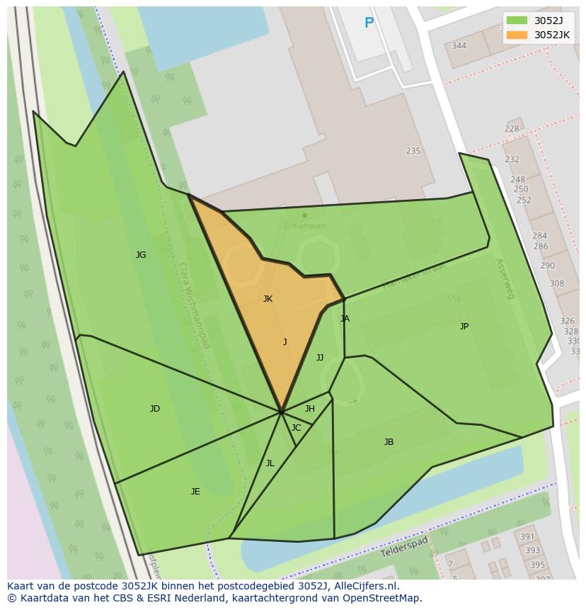 Afbeelding van het postcodegebied 3052 JK op de kaart.