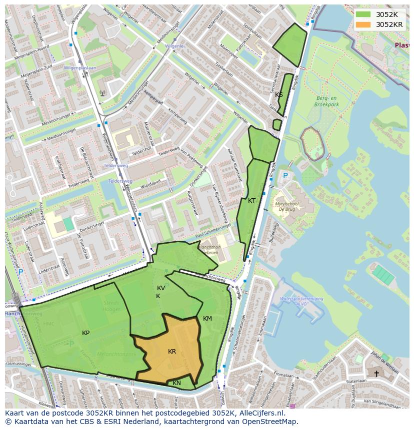Afbeelding van het postcodegebied 3052 KR op de kaart.