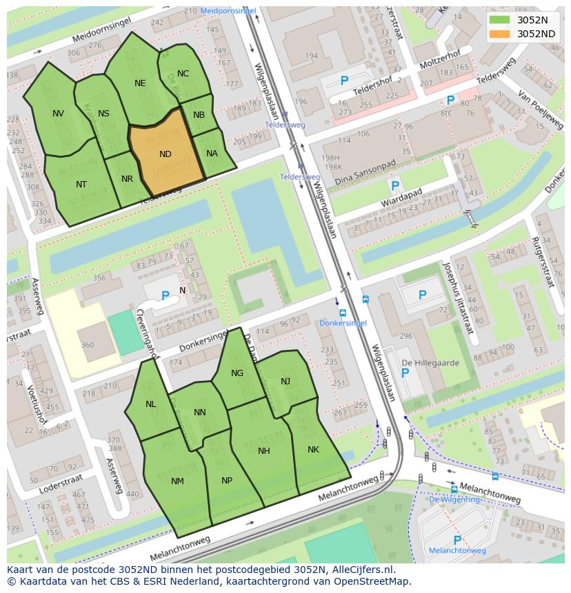 Afbeelding van het postcodegebied 3052 ND op de kaart.