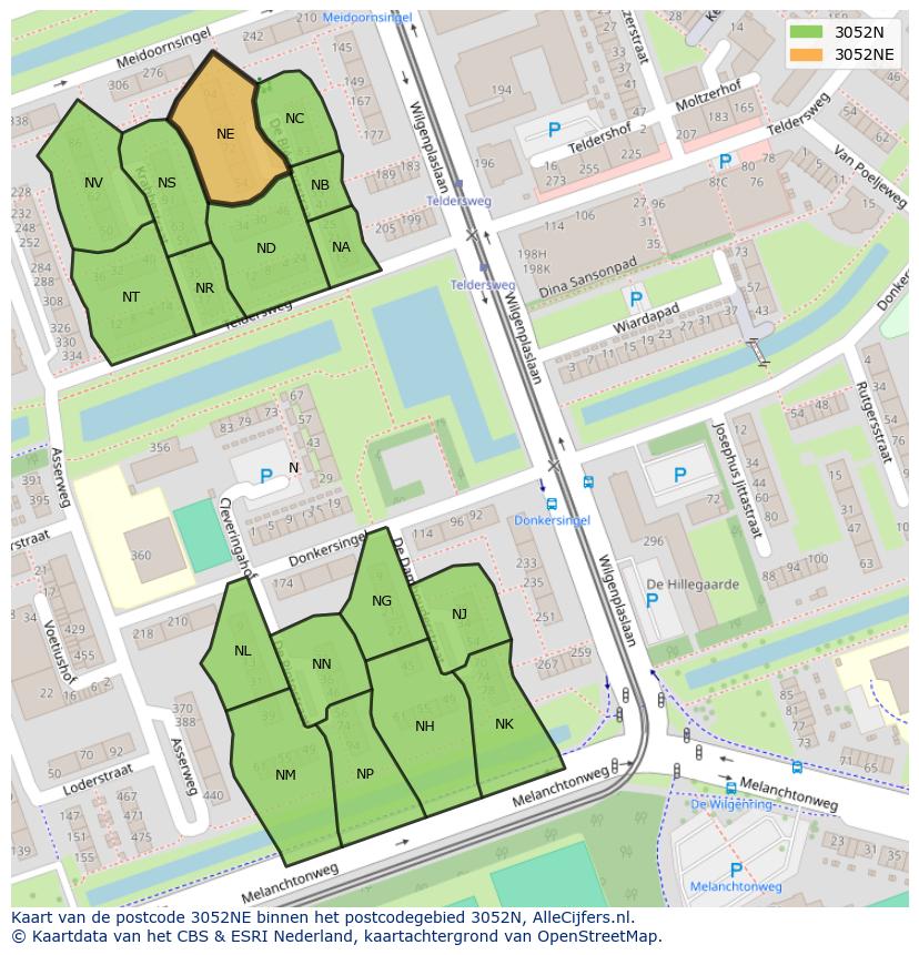 Afbeelding van het postcodegebied 3052 NE op de kaart.