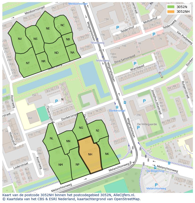 Afbeelding van het postcodegebied 3052 NH op de kaart.
