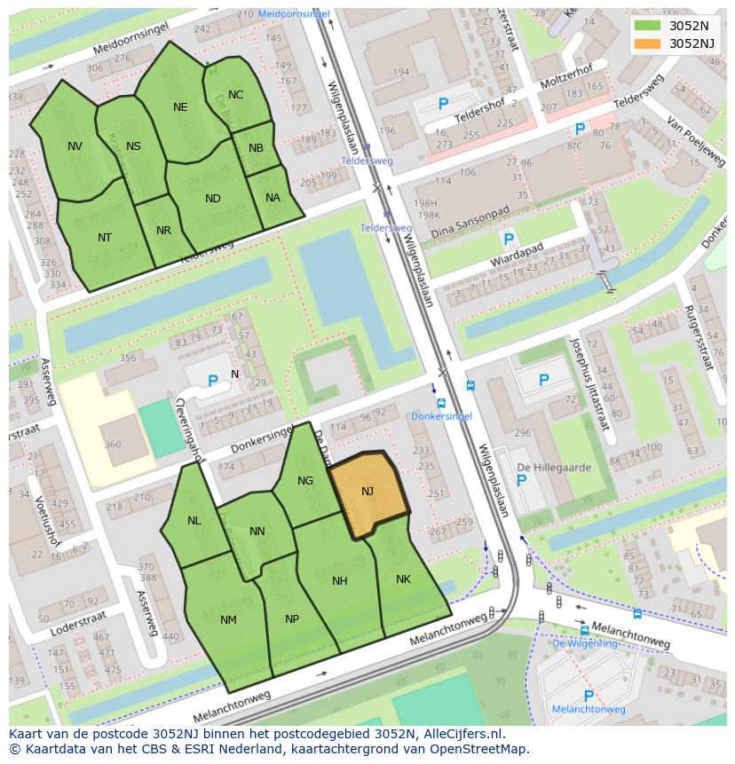 Afbeelding van het postcodegebied 3052 NJ op de kaart.