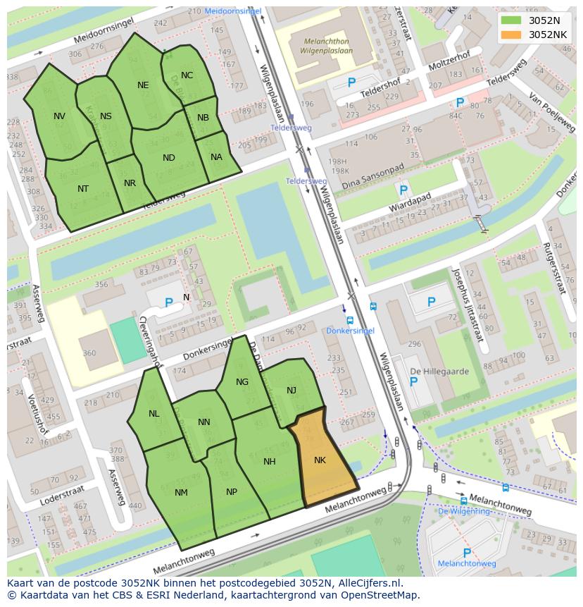 Afbeelding van het postcodegebied 3052 NK op de kaart.