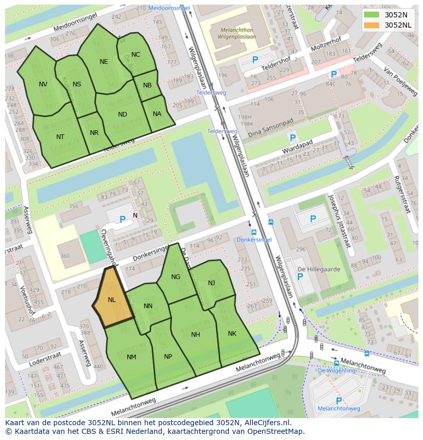 Afbeelding van het postcodegebied 3052 NL op de kaart.