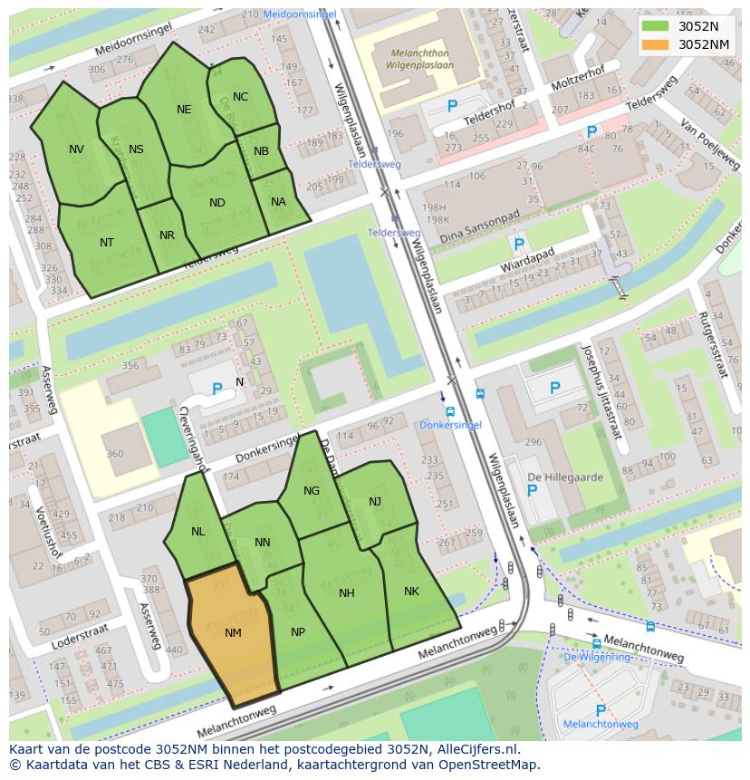 Afbeelding van het postcodegebied 3052 NM op de kaart.