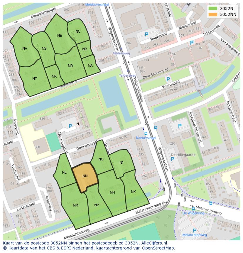 Afbeelding van het postcodegebied 3052 NN op de kaart.