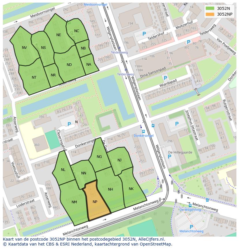 Afbeelding van het postcodegebied 3052 NP op de kaart.