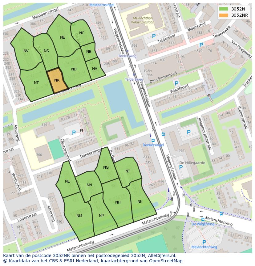 Afbeelding van het postcodegebied 3052 NR op de kaart.