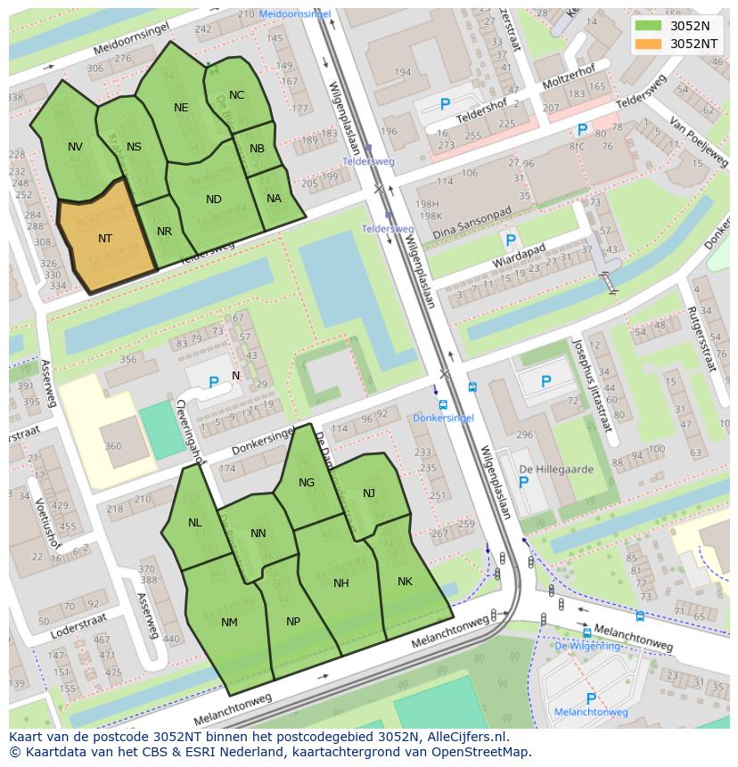 Afbeelding van het postcodegebied 3052 NT op de kaart.