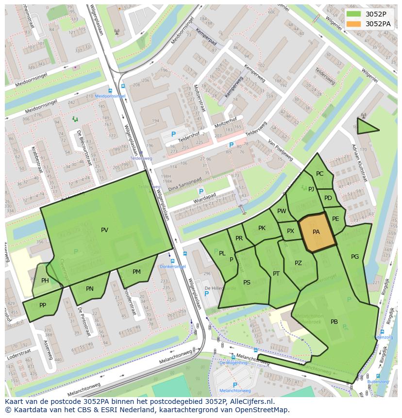 Afbeelding van het postcodegebied 3052 PA op de kaart.