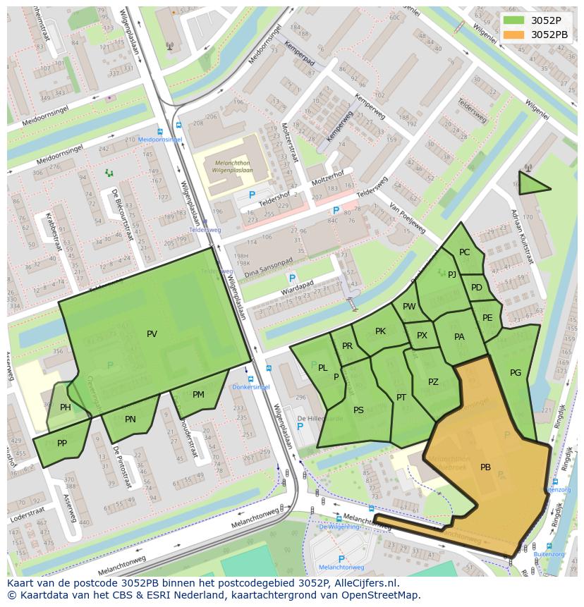 Afbeelding van het postcodegebied 3052 PB op de kaart.
